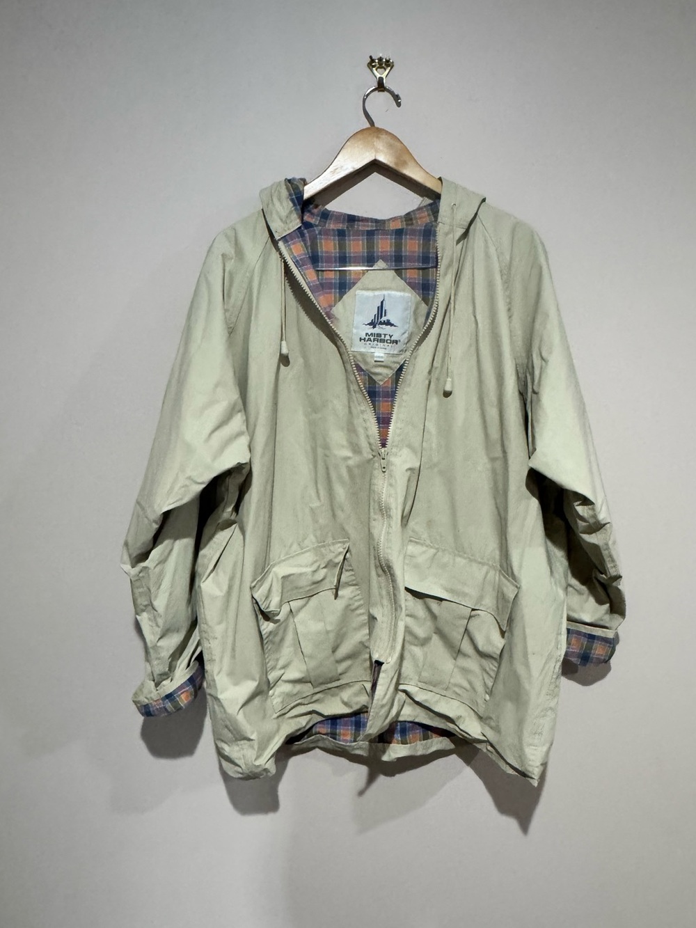 Misty Harbor Hooded Rain Coat~Original Beige •Plaid Liner•Zip/Snap•Pockets~XLARG